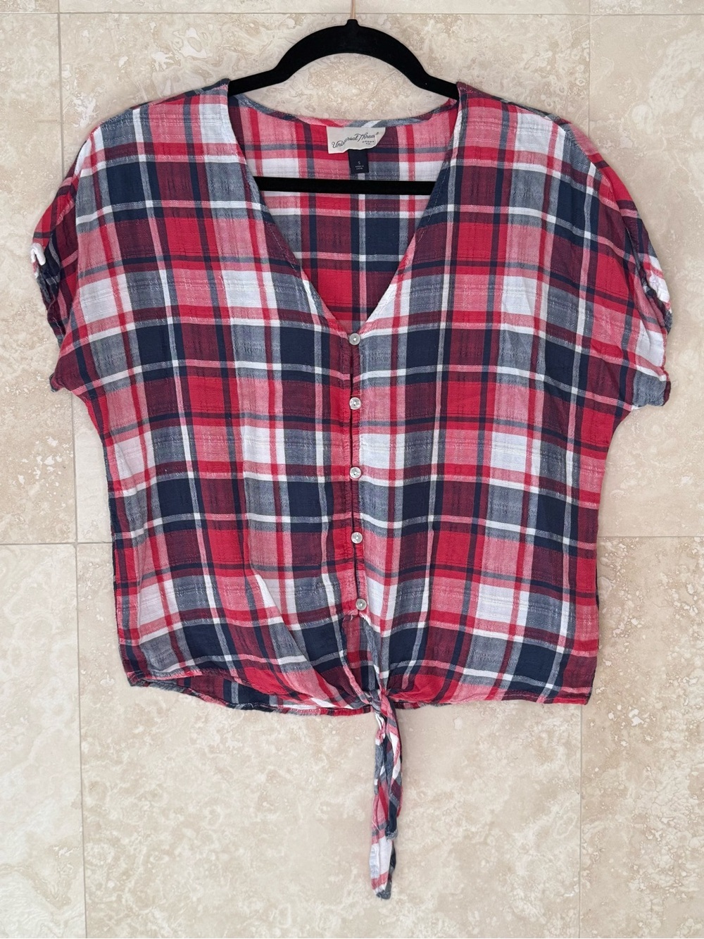 Universal Thread Plaid Tie Front Top Size S Red Blue Patriotic Cottagecore EUC